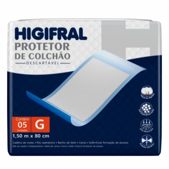 PROTETOR DE COLCHÃO DESCARTÁVEL 1,50X80CM C/ 5UND HIGIFRAL